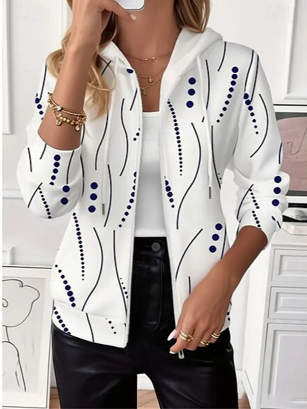 Ženska jakna s kapuljačom i zatvaračem, geometrijski patchwork uzorak, labav kroj, dugi rukavi, poliester/spandeks smjes