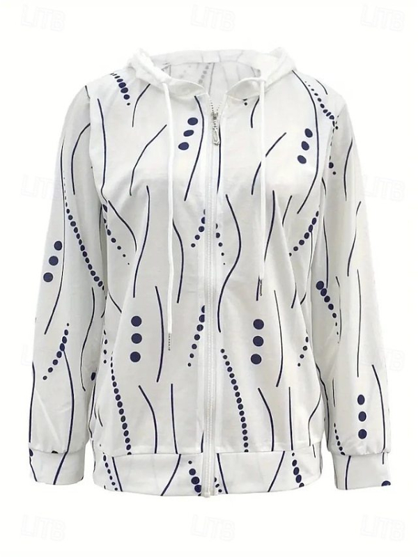 Ženska jakna s kapuljačom i zatvaračem, geometrijski patchwork uzorak, labav kroj, dugi rukavi, poliester/spandeks smjes