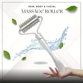 Baton metalic pentru crema de ochi cu micro-roler masaj și linguriță pentru cremă