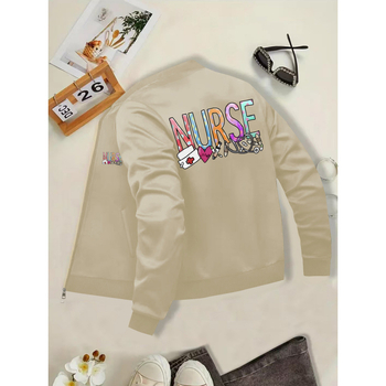 Moteriška striukė su slaugytojos tematikos spauda, jacquard raštas, siaura kirpimo, stora audinys, stojanti apykaklė, poliesterio-elastano mišinys 95/5