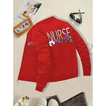 Moteriška striukė su slaugytojos tematikos spauda, jacquard raštas, siaura kirpimo, stora audinys, stojanti apykaklė, poliesterio-elastano mišinys 95/5