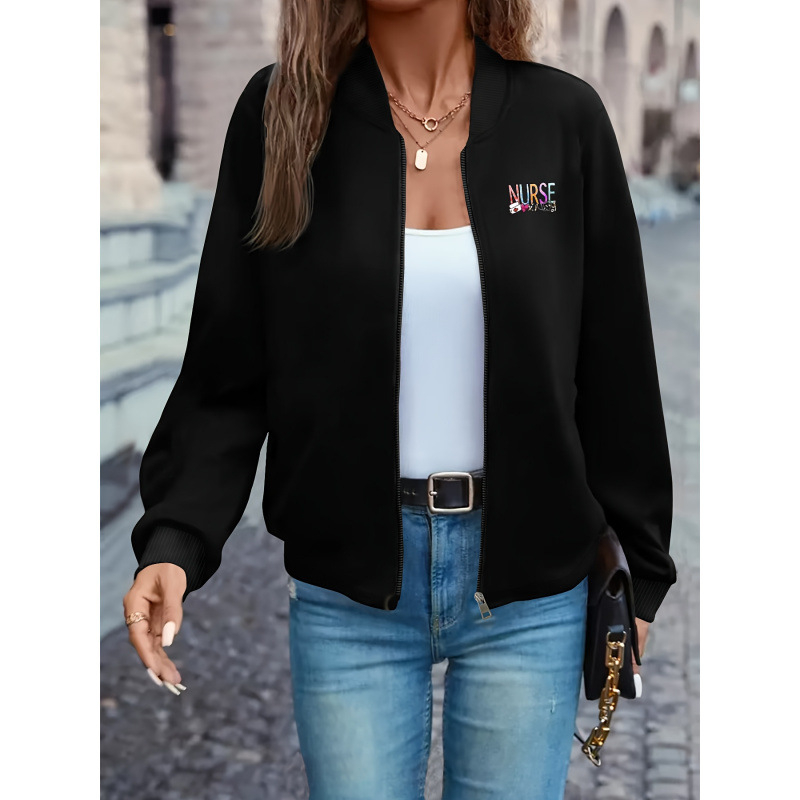 Moteriška striukė su slaugytojos tematikos spauda, jacquard raštas, siaura kirpimo, stora audinys, stojanti apykaklė, poliesterio-elastano mišinys 95/5