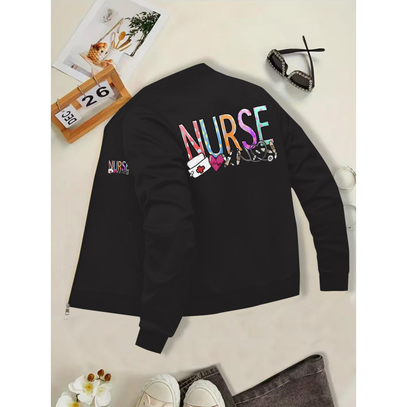 Moteriška striukė su slaugytojos tematikos spauda, jacquard raštas, siaura kirpimo, stora audinys, stojanti apykaklė, poliesterio-elastano mišinys 95/5