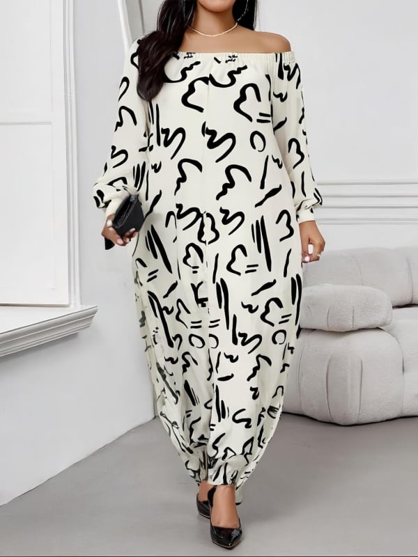 Kombinezon ar abstraktu rakstu, Milk Silk audums, poliestera un spandeksa maisījums, garas piedurknes, brīvs siluets, rudens 2025