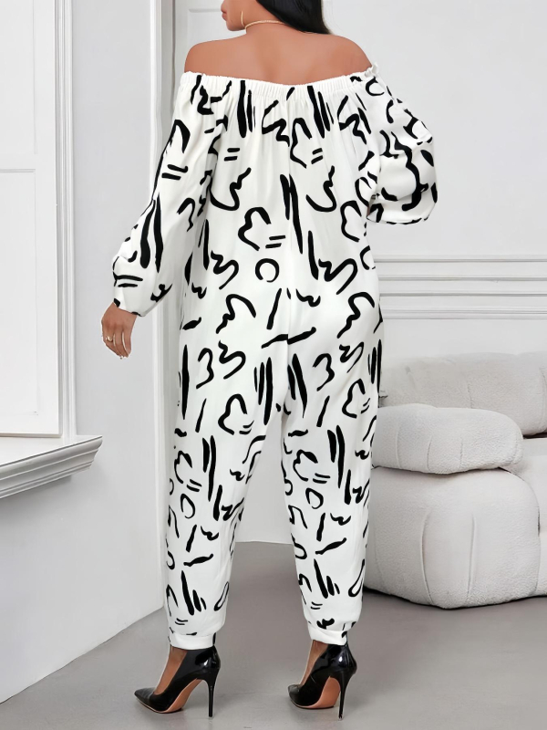 Kombinezon ar abstraktu rakstu, Milk Silk audums, poliestera un spandeksa maisījums, garas piedurknes, brīvs siluets, rudens 2025