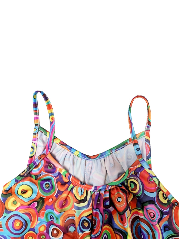 Γυναικεία ολόσωμη φόρμα με τιράντες, casual στυλ, ψυχεδελικό πολύχρωμο μοτίβο σπειροειδούς εκτύπωσης; χωρίς μανίκια, φαρδιά μέση, πολυεστέρας