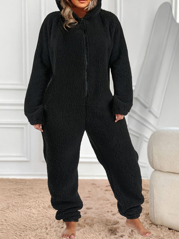 Ολόσωμο γυναικείο jumpsuit με επένδυση φλίς και βελούδο, αστικός στυλ, μακριά μανίκια, πολυεστέρας 95%+, μέση μεσαίου ύψους, φαρδιά παντελόνια, λεπτομέρεια κολλάζ