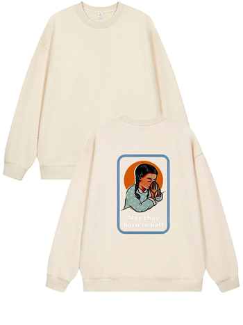 Moterų megztinis su spauda, laisvas kirpimo, apvalus kaklo, ilgomis rankovėmis, vidutinio storio audinys, medvilnei panašus audinys su 95% poliesterio