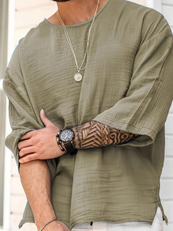 Brīvās piegriezums vīriešu T-krekls ar 3/4 piedurknēm, apaļā kakla izgriezums, poliesteris 96%+, vasaras ikdienas stilā