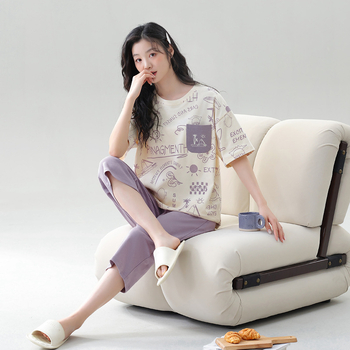 Γυναικείο σετ πιτζάμας από 100% βαμβάκι, καλοκαιρινό, με τοπ crewneck και cropped παντελόνια – αναπνεύσιμο, casual οικιακό ντύσιμο, κατάλληλο και για εξωτερική χρήση (100% βαμβάκι; crewneck; cropped; αναπνευστο; εξωτερική χρήση)