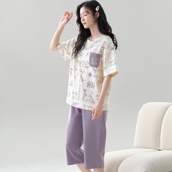 Γυναικείο σετ πιτζάμας από 100% βαμβάκι, καλοκαιρινό, με τοπ crewneck και cropped παντελόνια – αναπνεύσιμο, casual οικιακό ντύσιμο, κατάλληλο και για εξωτερική χρήση (100% βαμβάκι; crewneck; cropped; αναπνευστο; εξωτερική χρήση)