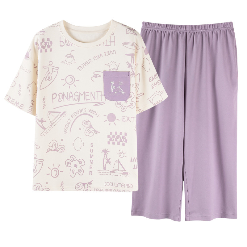 Moteriška vasaros pižamos komplektas iš medvilnės su apvaliu kaklu viršuje ir cropped kelnes – kvėpuojantis, patogus namų drabužiai, galima dėvėti ir lauke (100% medvilnė; apvali kaklo linija; cropped kelnes; kvėpuojantis; galima dėvėti lauke)