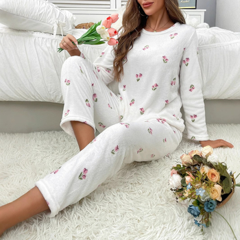 Σετ πιτζάμες με φλοράλ σχέδιο από τουλίπες (φλανελ, 100% πολυεστέρας, στρογγυλή λαιμόκοψη, μακριά μανίκια, παντελόνια)