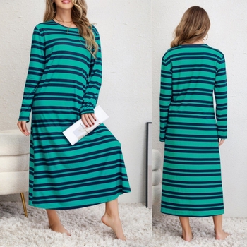 Retro stiliaus suknelė su dryžių kontrastiniu spausdintu motyvu, apvali kaklo linija, ilgos rankovės, ilga suknelė, poliesteris su elastanu