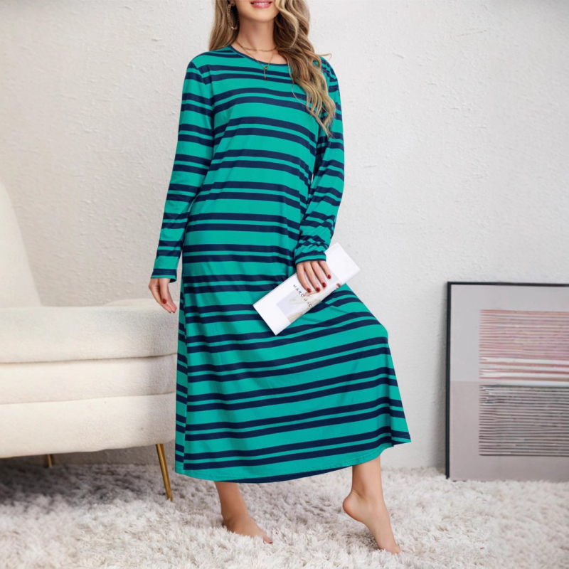 Retro stiliaus suknelė su dryžių kontrastiniu spausdintu motyvu, apvali kaklo linija, ilgos rankovės, ilga suknelė, poliesteris su elastanu