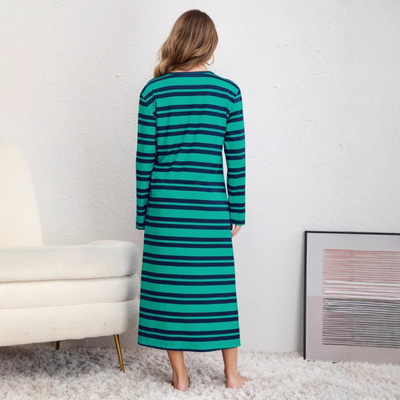 Retro stiliaus suknelė su dryžių kontrastiniu spausdintu motyvu, apvali kaklo linija, ilgos rankovės, ilga suknelė, poliesteris su elastanu