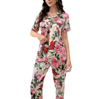 Γυναικείο σετ πιτζάμες με εκτύπωση από συνθετικό μετάξι, ελαφρύ και δροσερό, καρντάγκαν στυλ με γιακά λαπέλ, μανίκια 3/4, παντελόνες, οικιακό ντύσιμο