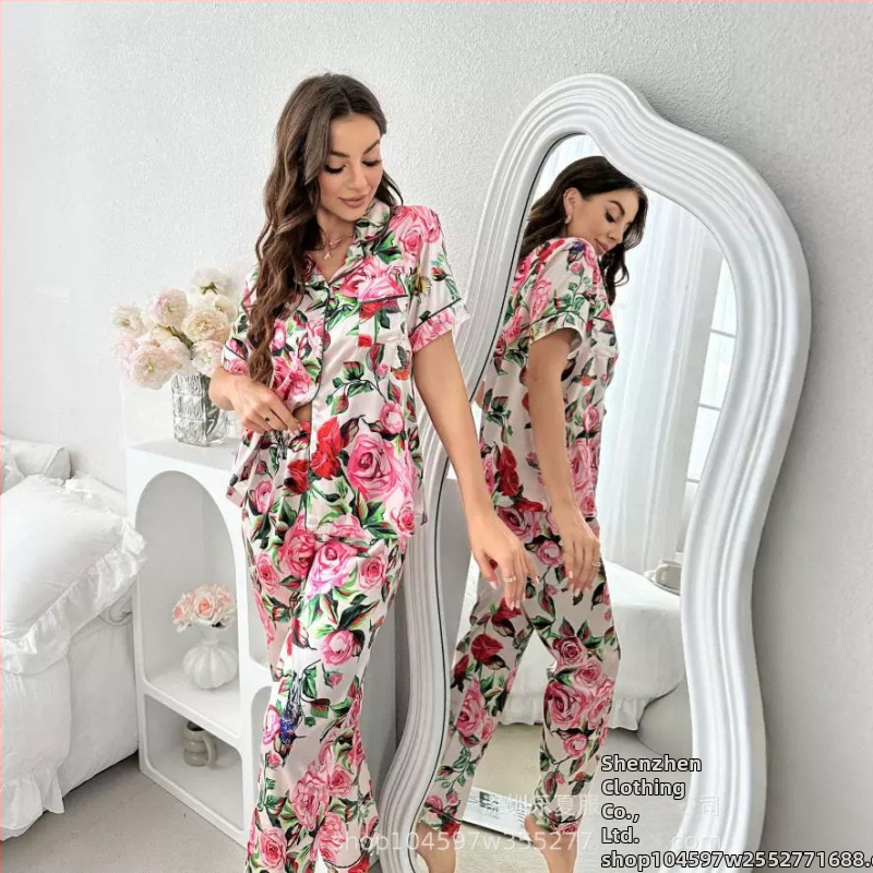 Dámsky vzorovaný pyžamový set z imitácie hodvábu, ľahký a priedušný, kardigán štýl, golier s klopou, 3/4 rukávy, nohavice