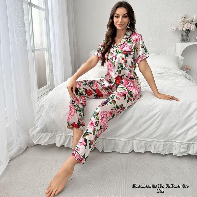 Dámsky vzorovaný pyžamový set z imitácie hodvábu, ľahký a priedušný, kardigán štýl, golier s klopou, 3/4 rukávy, nohavice