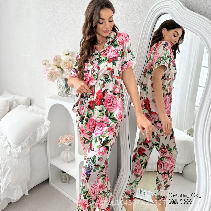 Dailės moters spausdintų pižamų komplektas iš dirbtinio šilko, lengvas ir kvėpuojantis, kardigan stiliaus apykaklė, 3/4 rankovės, kelnės