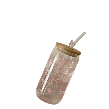 Κούπα από γυαλί μποροσιλικό υψηλής ποιότητας, κυλινδρική, με καλαμάκι και καπάκι, μοτίβο παγετώνα, φορητή.