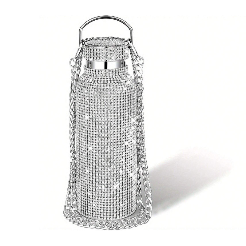 Diamantiem rotāts dubultās sienas nerūsējošā tērauda termoskrūze ar ķēdi, iekšējais 304, ārējais 201, vakuuma izolācija 12–24 stundas, pārnēsājams ar rokturi un auklu, lāzergravēšana pieejama.