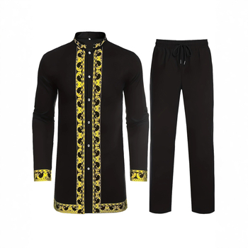 2 részes afrikai etnikus férfi öltöny — ing arany fóliával és kövekkel díszített, poliészterkeverék, 100% poliészter, négy évszakos mindennapi viselet