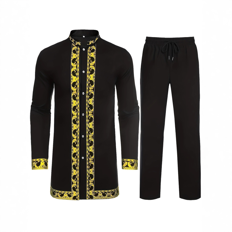 2 részes afrikai etnikus férfi öltöny — ing arany fóliával és kövekkel díszített, poliészterkeverék, 100% poliészter, négy évszakos mindennapi viselet
