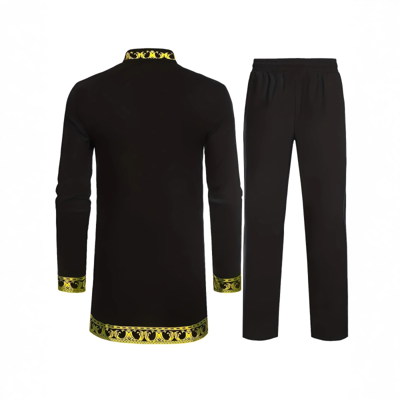 2 részes afrikai etnikus férfi öltöny — ing arany fóliával és kövekkel díszített, poliészterkeverék, 100% poliészter, négy évszakos mindennapi viselet