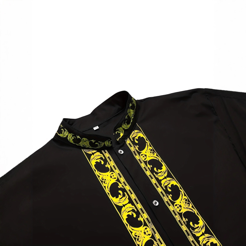 2 részes afrikai etnikus férfi öltöny — ing arany fóliával és kövekkel díszített, poliészterkeverék, 100% poliészter, négy évszakos mindennapi viselet