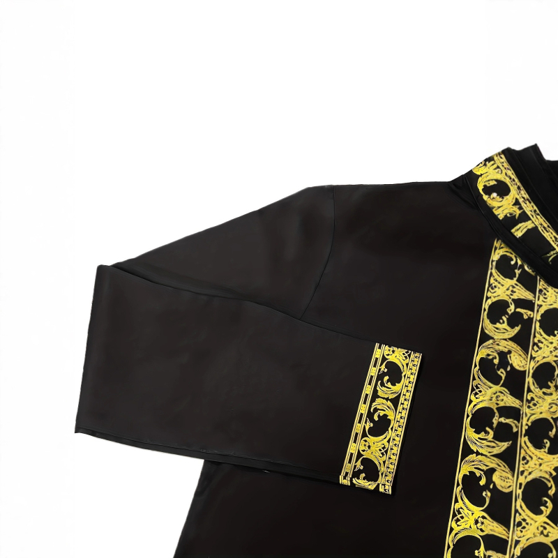 2 részes afrikai etnikus férfi öltöny — ing arany fóliával és kövekkel díszített, poliészterkeverék, 100% poliészter, négy évszakos mindennapi viselet