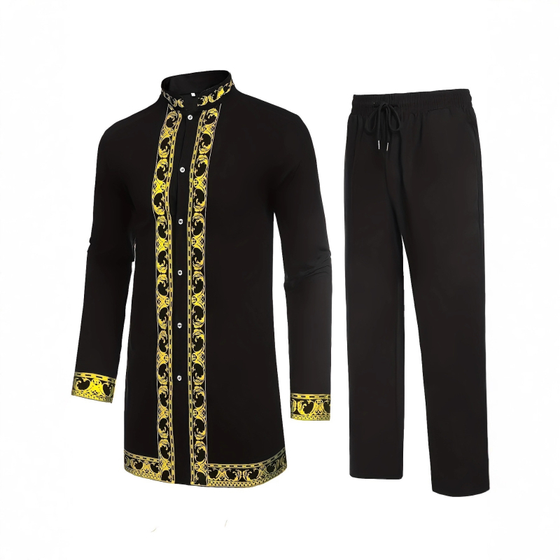 2 részes afrikai etnikus férfi öltöny — ing arany fóliával és kövekkel díszített, poliészterkeverék, 100% poliészter, négy évszakos mindennapi viselet