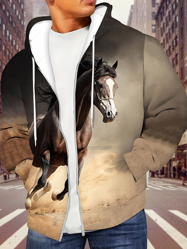 Vyrinis užtrauktukinė su arklių raštu - laisvas kirpimas, stačias apykaklė