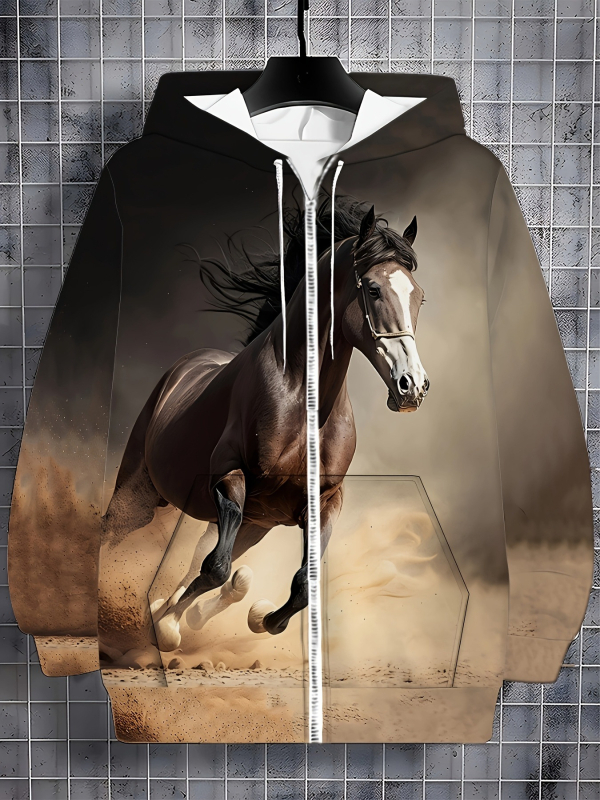 Vyrinis užtrauktukinė su arklių raštu - laisvas kirpimas, stačias apykaklė