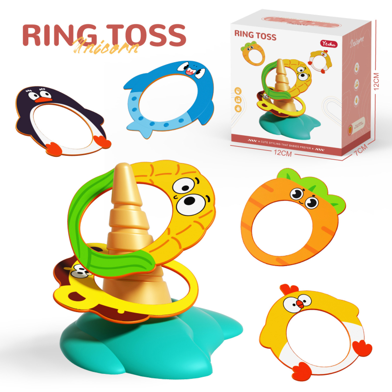 Set aruncare inele pentru copii — educațional, interactiv; dezvoltă abilități vizuale-motorii și coordonare mână-ochi; material plastic, cod DJ557, ambalaj cutie color, vârstă recomandată 4–6 ani