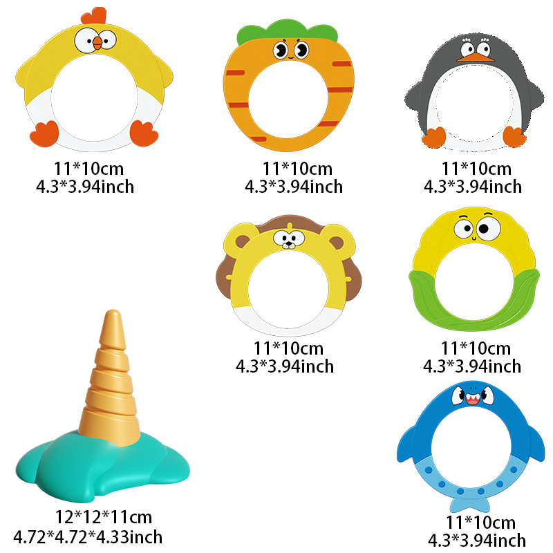 Set aruncare inele pentru copii — educațional, interactiv; dezvoltă abilități vizuale-motorii și coordonare mână-ochi; material plastic, cod DJ557, ambalaj cutie color, vârstă recomandată 4–6 ani