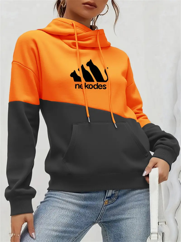 Kapučių džemperis 9018 print, poliesteris, fliso pamušalas, laisvas kirpimas, vidutinio ilgio