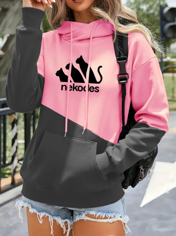 Kapučių džemperis 9018 print, poliesteris, fliso pamušalas, laisvas kirpimas, vidutinio ilgio