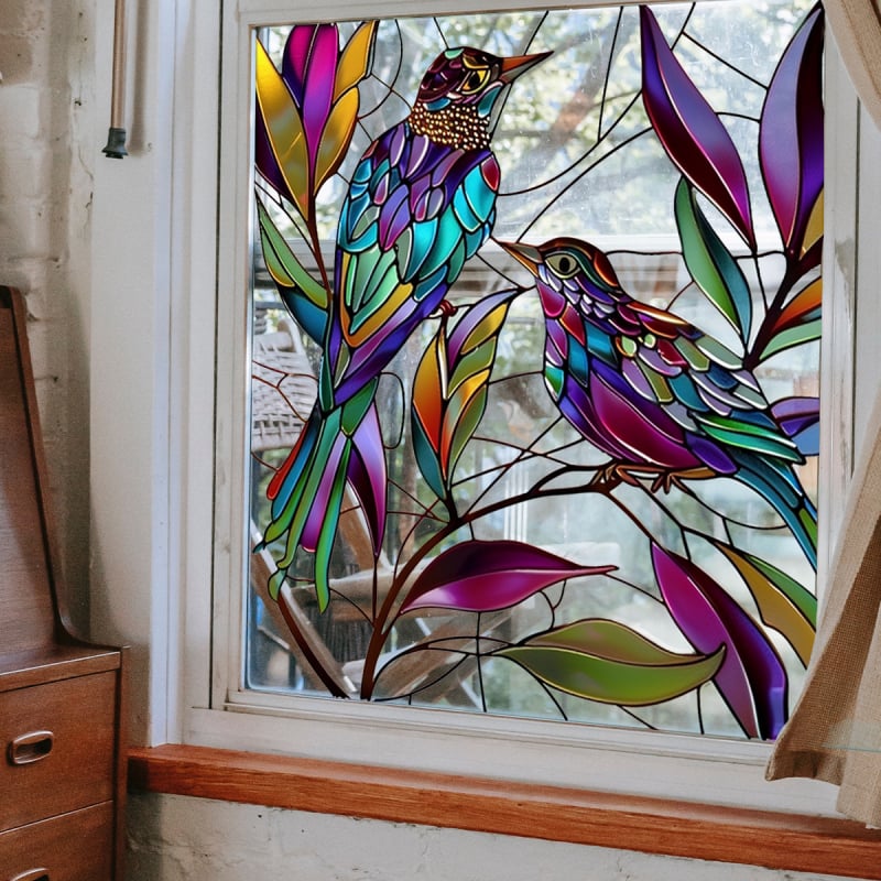 PVC dekoratív ablaküveg matricák madár és levél mintával, kód 21560438460, 1 db, dekoratív falmatricák, alkalmas nappalira, hálószobára, dolgozószobára, konyhára