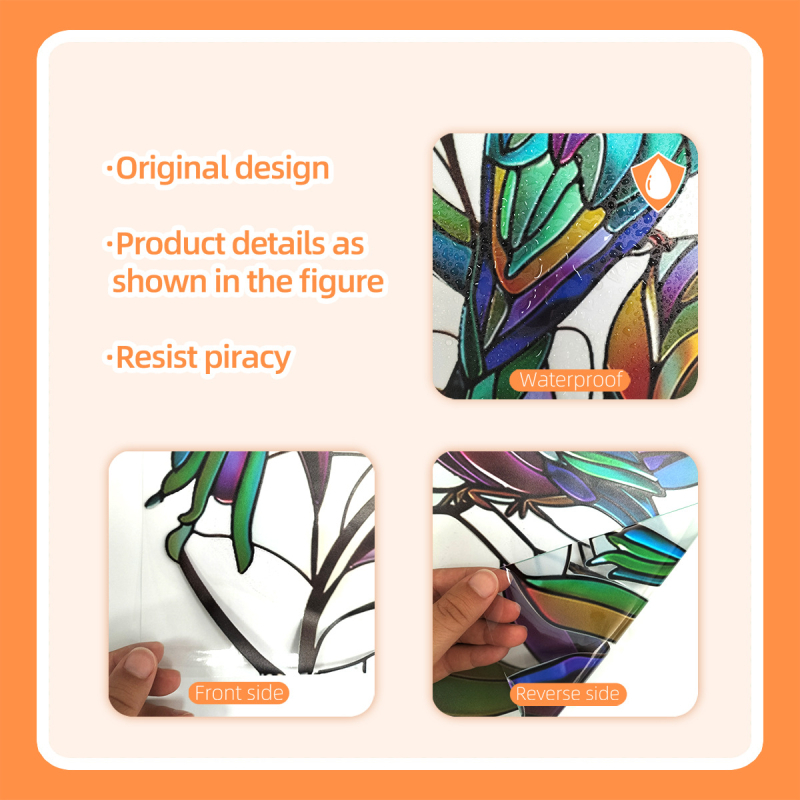 PVC dekoratív ablaküveg matricák madár és levél mintával, kód 21560438460, 1 db, dekoratív falmatricák, alkalmas nappalira, hálószobára, dolgozószobára, konyhára