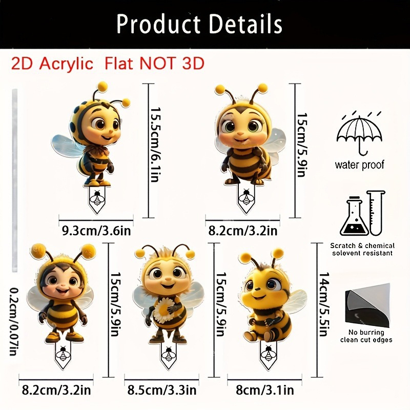 5-dijelni akrilni vrtni dekorativni set – slatki prijatelji pčele, moderni umjetnički stil, graviranje i tisak