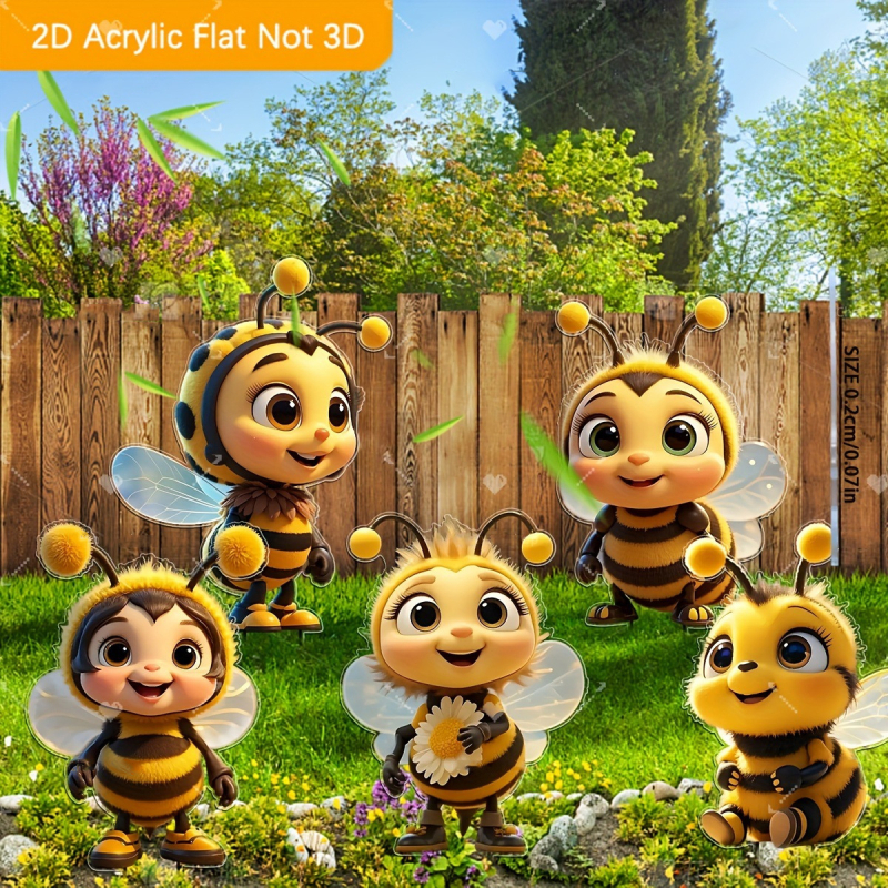 5-dijelni akrilni vrtni dekorativni set – slatki prijatelji pčele, moderni umjetnički stil, graviranje i tisak