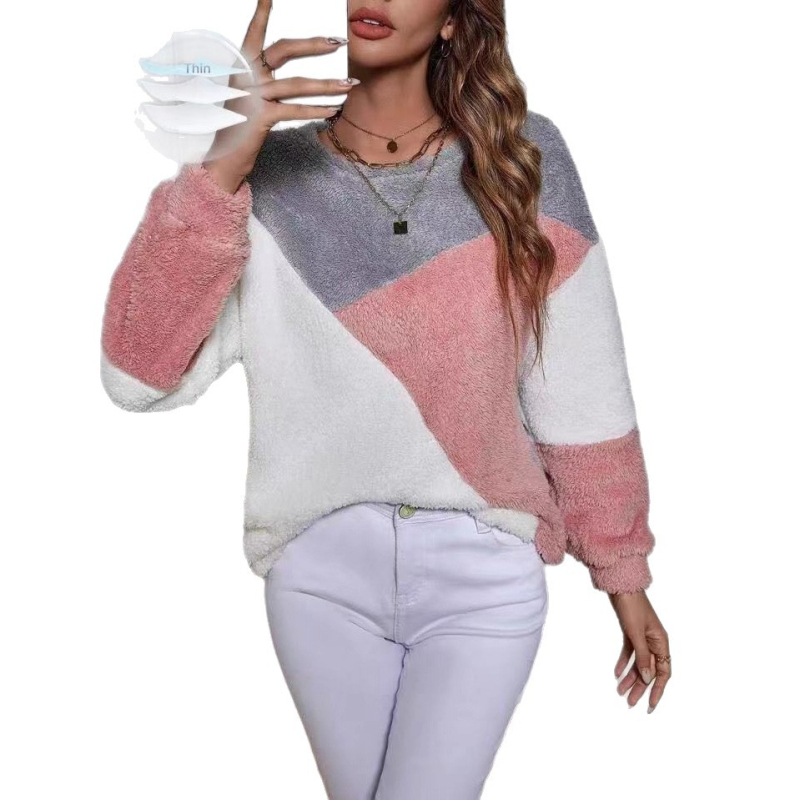 Patchwork kapucijos megztinis iš poliesterio fliso, ilgomis rankovėmis, apvalus kaklas, įprastas kirpimas