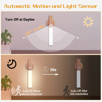 Sieninė lipnioji naktinė lempa su medžio imitacija, judesio jutiklis, įkraunama įmontuota baterija, magnetinė kompaktiška lempa