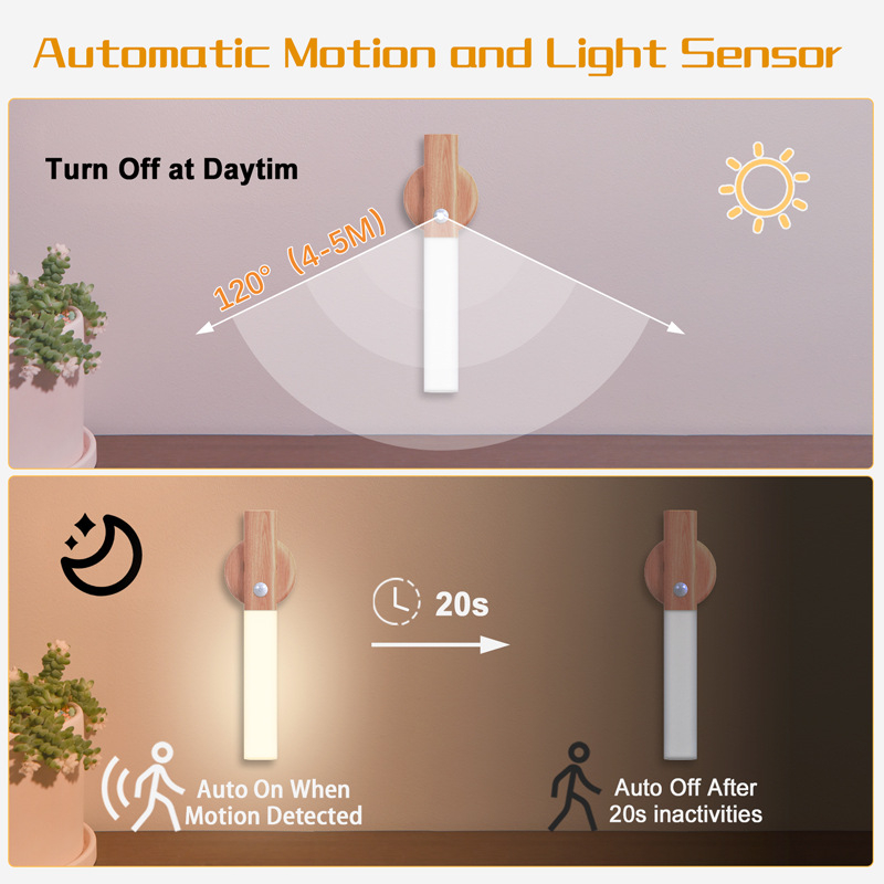 Sieninė lipnioji naktinė lempa su medžio imitacija, judesio jutiklis, įkraunama įmontuota baterija, magnetinė kompaktiška lempa