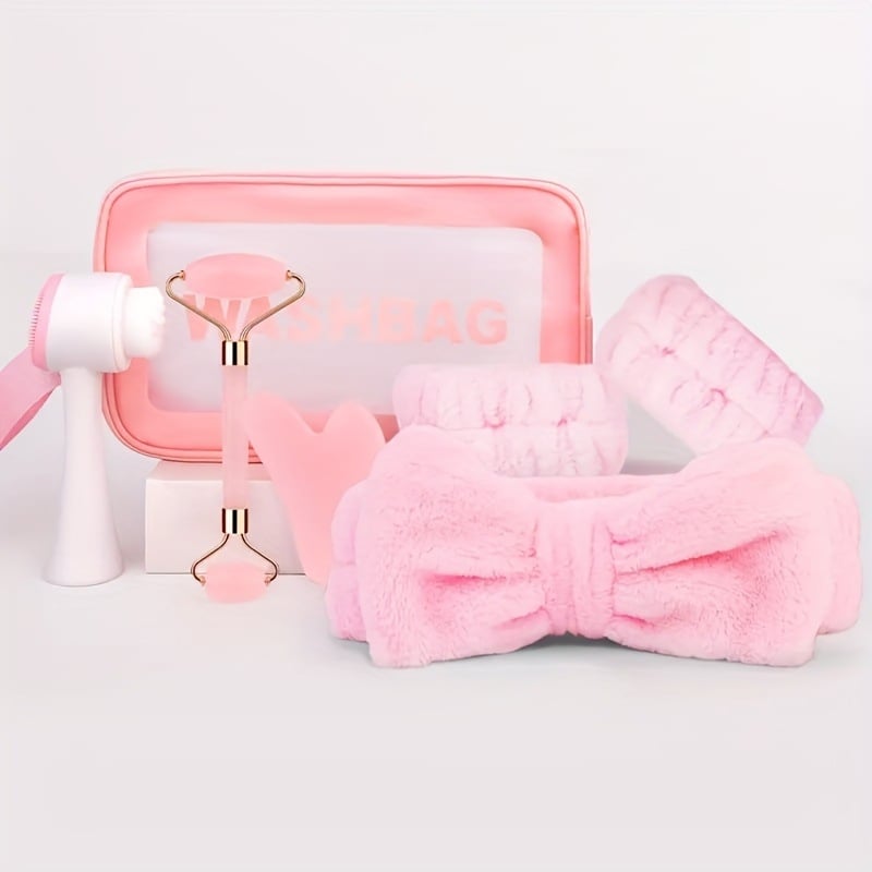 Комплект за почистване и грижа за лице с охлаждащ ролер, аксесоари за коса, лента за глава и четка за измиване на лице; модел 12 • артикул 756128317402 • срок на годност 1 година • подходящ за всички типове кожа