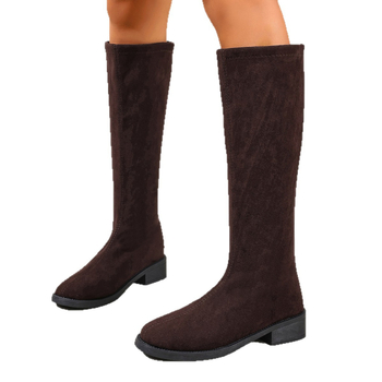 Moteriški Slim batai iš nubuko - aukštas šarvas, apvalus pirštas, vidutinio aukščio kulnas 3–5 cm, užtrauktukas nugarinėje pusėje