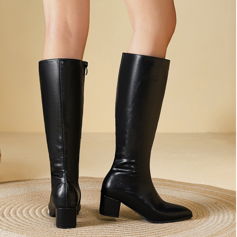 Moteriški jojiniai batai su stora kulne, aukštas shaft, smailus pirštas, vidutinio aukščio kulnas 3–5 cm