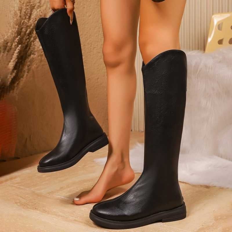 Unisex ilgi batai virš kelių su apvaliu nosimi, užtrauktuku gale, satino viršumi ir gumine padu