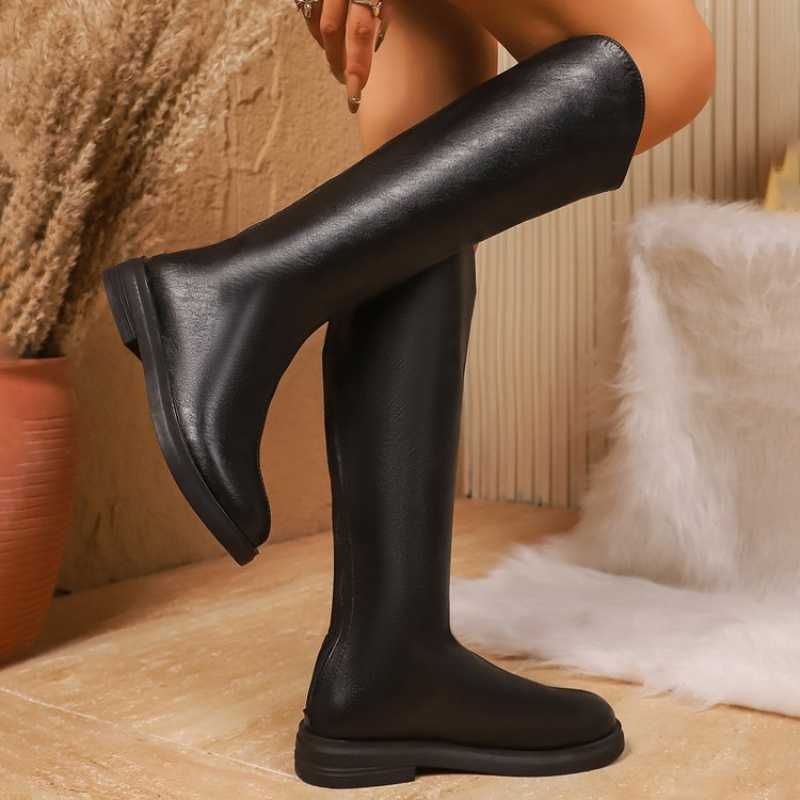 Unisex ilgi batai virš kelių su apvaliu nosimi, užtrauktuku gale, satino viršumi ir gumine padu